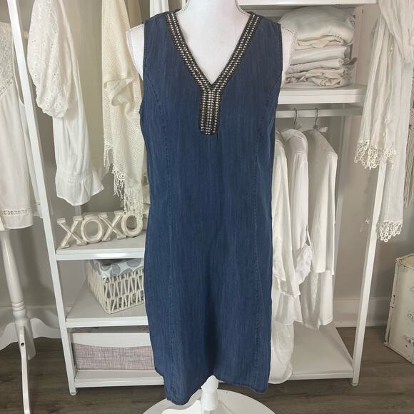 Lina Tomei women's size small chambray Linen Beaded shift dress, party 0866 - Picture 1 of 9